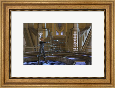 Framed woman in military uniform using a holographic control center Print