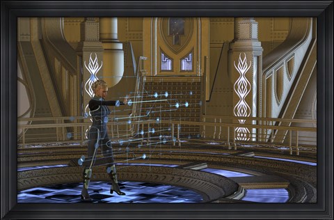 Framed woman in military uniform using a holographic control center Print