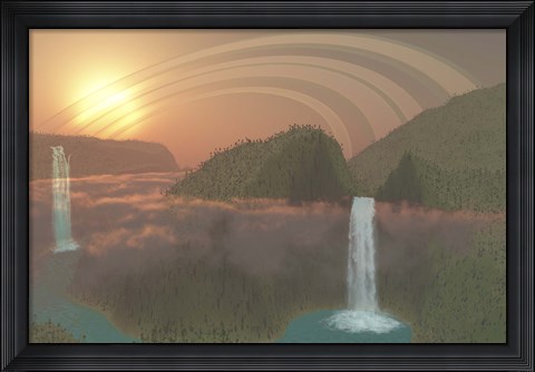 Framed Lush tropical jungle, river systems and waterfalls on an alien planet Print
