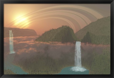 Framed Lush tropical jungle, river systems and waterfalls on an alien planet Print