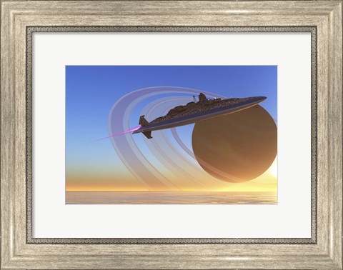Framed spaceship blasts itself into orbit after exploring one of Saturn&#39;s moons called Titan Print