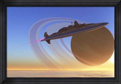 Framed spaceship blasts itself into orbit after exploring one of Saturn&#39;s moons called Titan Print