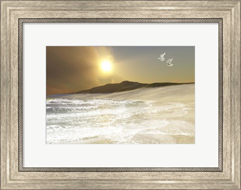 Framed Two white doves fly over waves coming to shore on a remote beach Print