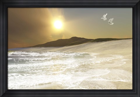 Framed Two white doves fly over waves coming to shore on a remote beach Print