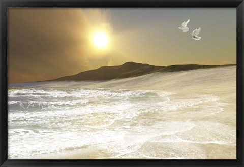 Framed Two white doves fly over waves coming to shore on a remote beach Print