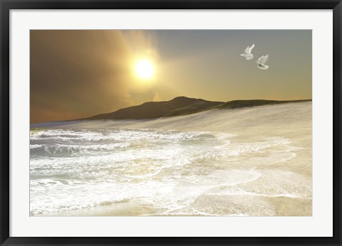 Framed Two white doves fly over waves coming to shore on a remote beach Print