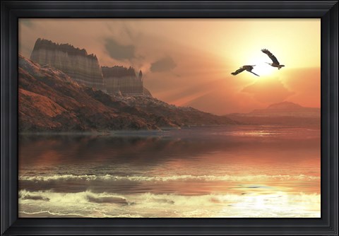 Framed Two Bald Eagles fly along a mountainous coastline at sunset Print