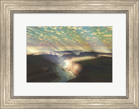 Framed Sunrays shine down on mist over a canyon river in a desert wilderness Print