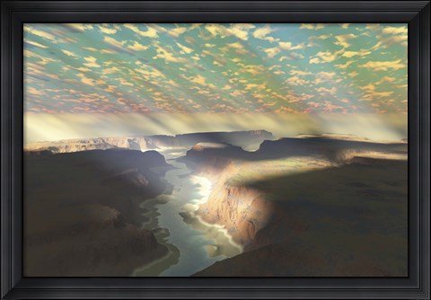 Framed Sunrays shine down on mist over a canyon river in a desert wilderness Print