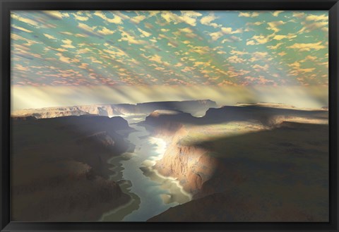 Framed Sunrays shine down on mist over a canyon river in a desert wilderness Print