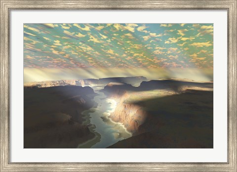Framed Sunrays shine down on mist over a canyon river in a desert wilderness Print