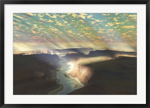 Framed Sunrays shine down on mist over a canyon river in a desert wilderness Print