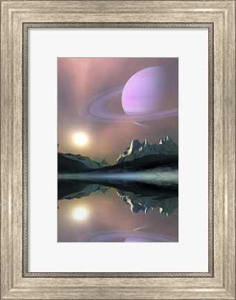 Framed planet Saturn lights up the sky of one of its moons called Titan Print
