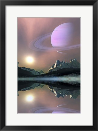 Framed planet Saturn lights up the sky of one of its moons called Titan Print