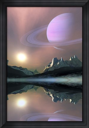 Framed planet Saturn lights up the sky of one of its moons called Titan Print