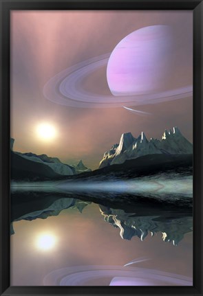 Framed planet Saturn lights up the sky of one of its moons called Titan Print