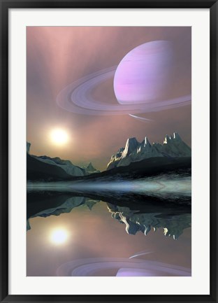 Framed planet Saturn lights up the sky of one of its moons called Titan Print