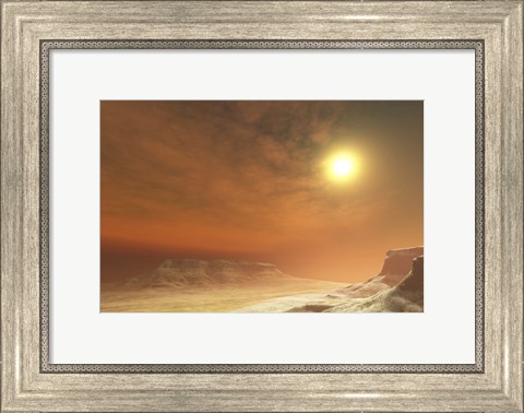 Framed Landscape scene of three mesa tabletop mountains in a wilderness area Print