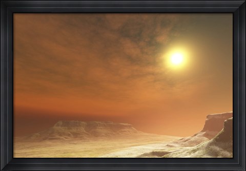 Framed Landscape scene of three mesa tabletop mountains in a wilderness area Print