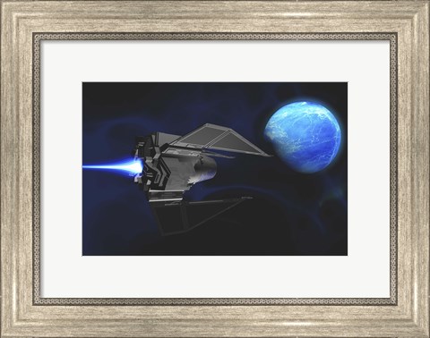 Framed small spacecraft from Earth reaches a water planet after many light years Print