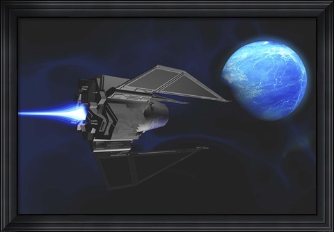 Framed small spacecraft from Earth reaches a water planet after many light years Print
