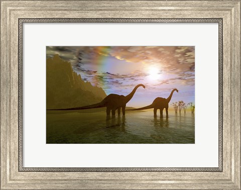 Framed Two Diplodocus dinosaurs wade through shallow water to eat some vegetation Print