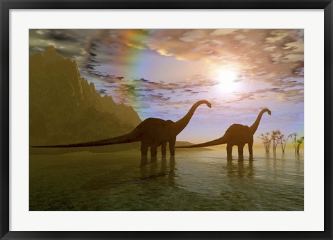 Framed Two Diplodocus dinosaurs wade through shallow water to eat some vegetation Print