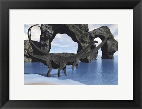 Framed Diplodocus dinosaurs wade through shallow waters of a beautiful seashore Print