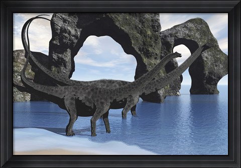 Framed Diplodocus dinosaurs wade through shallow waters of a beautiful seashore Print