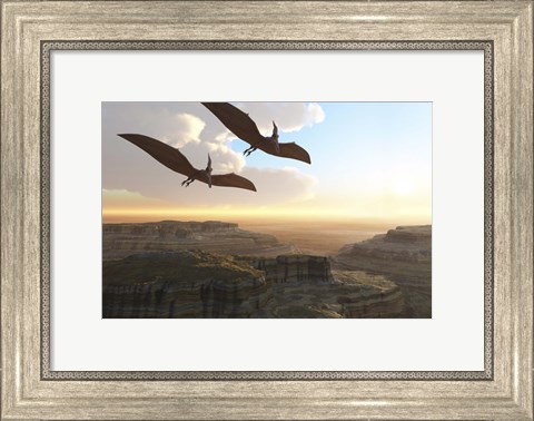 Framed Two Pterodactyl flying dinosaurs soar above a beautiful canyon Print