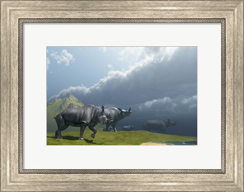 Framed herd of Brontotherium dinosaurs come to the lake to drink Print