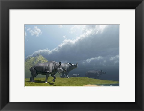 Framed herd of Brontotherium dinosaurs come to the lake to drink Print