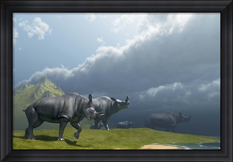 Framed herd of Brontotherium dinosaurs come to the lake to drink Print