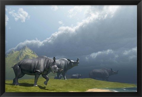 Framed herd of Brontotherium dinosaurs come to the lake to drink Print