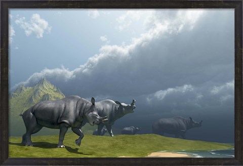 Framed herd of Brontotherium dinosaurs come to the lake to drink Print