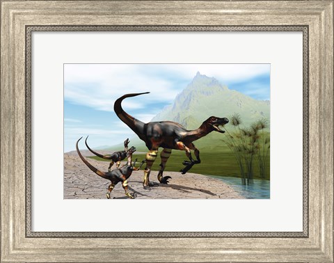 Framed Velociraptor offspring beg mother dinosaur for food near a pond Print