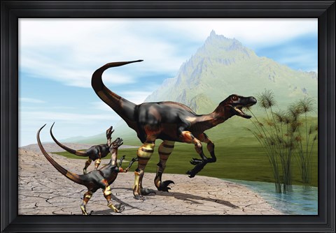 Framed Velociraptor offspring beg mother dinosaur for food near a pond Print