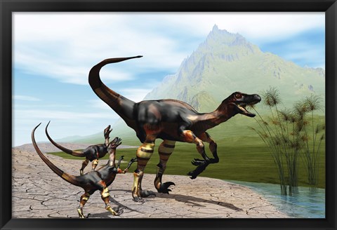 Framed Velociraptor offspring beg mother dinosaur for food near a pond Print