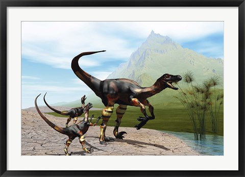 Framed Velociraptor offspring beg mother dinosaur for food near a pond Print