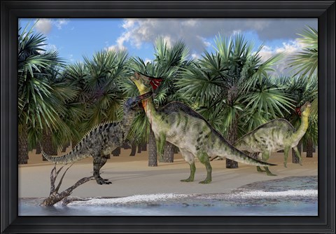 Framed Olorotitan mother is attacked by a Suchomimus dinosaur Print
