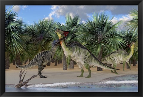 Framed Olorotitan mother is attacked by a Suchomimus dinosaur Print