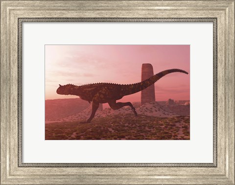 Framed Carnotaurus running in the early morning light on desert terrain Print