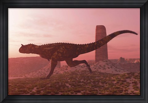 Framed Carnotaurus running in the early morning light on desert terrain Print