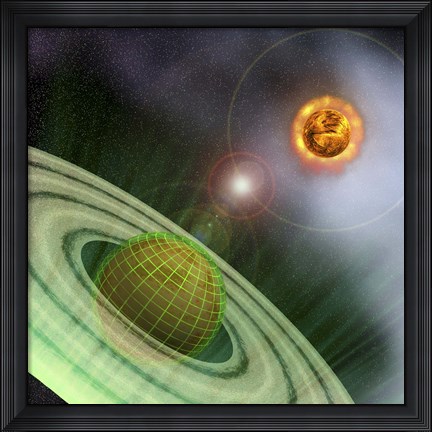 Framed planet in the future is surrounded by a protective grid system Print