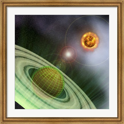 Framed planet in the future is surrounded by a protective grid system Print