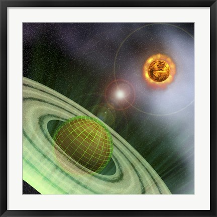 Framed planet in the future is surrounded by a protective grid system Print