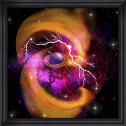 Framed Evolution of planet building with surrounding cosmic dust and electrical charges Print
