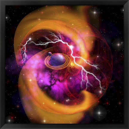 Framed Evolution of planet building with surrounding cosmic dust and electrical charges Print