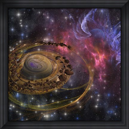 Framed Large rocks swirl around and form a planet in the cosmos Print