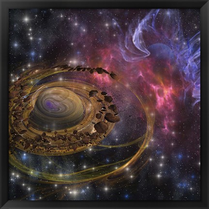 Framed Large rocks swirl around and form a planet in the cosmos Print